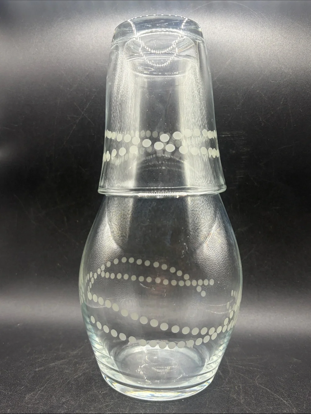 Crisa Glass Vintage Bedside Carafe Decanter & Cup Polka Dot Pattern Glassware